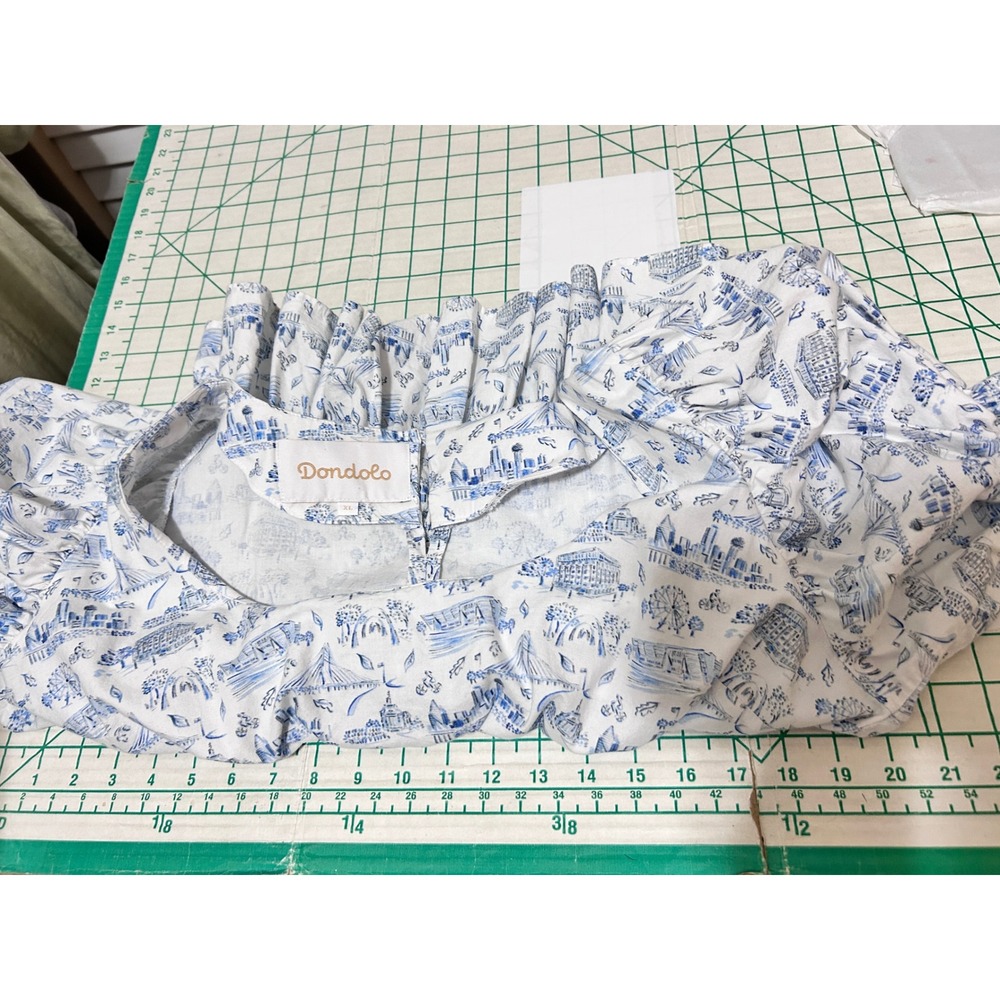 Dondolo XL Toile Top Blue White Smocked Puff Sleeve Cotton Cottage Ferris Travel - Picture 5 of 11